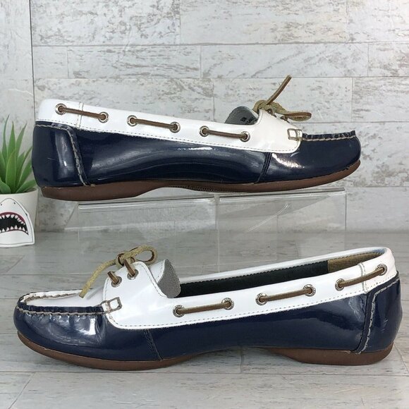 Sperry Topsider Boat Shoes 9754821 Patent Leather White Blue Womens Size 8 M GUC - Picture 9 of 12